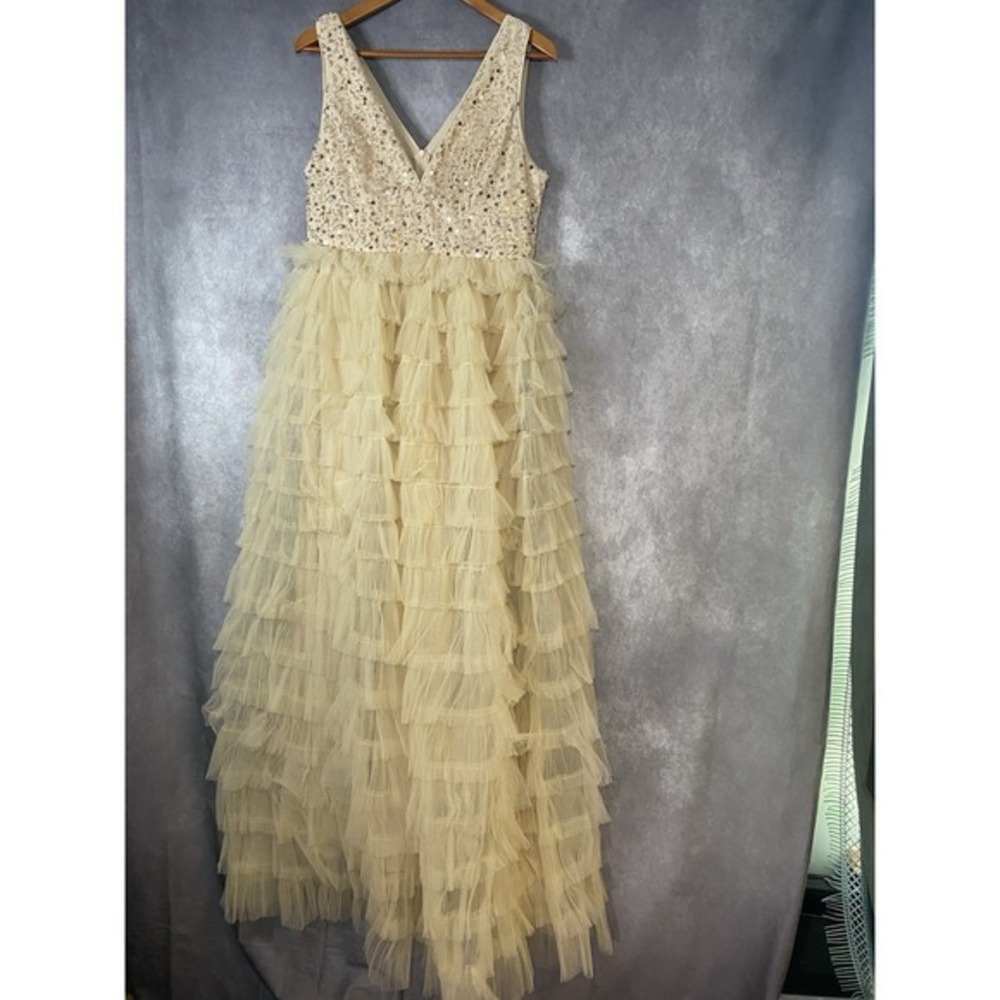 Glam‎ Faeriesty Whimsical Prom Dress Size XL Ruffle Sequin Tulle Cream